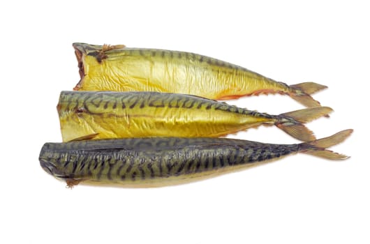 Three whole cold-smoked Atlantic mackerel on a light background
