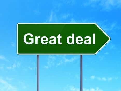 Business concept: Great Deal on green road highway sign, clear blue sky background, 3D rendering
