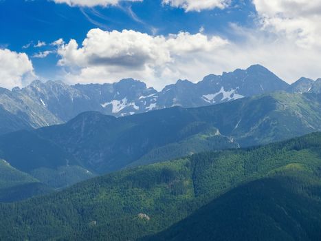 Mountain summer landscape with mountain ranges covered with spruce forest and mountain ranges with rocks and snow patches on the background of the sky with clouds
