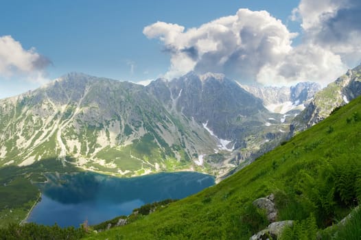 Top view of a mountain lake on the background of the craggy mountain slopes and sky with clouds and grass slope on the foreground 
