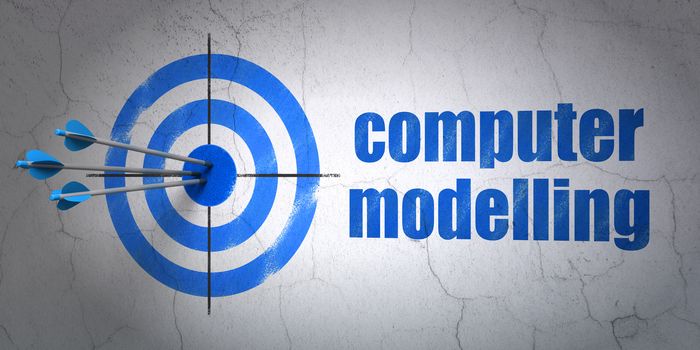 Success Science concept: arrows hitting the center of target, Blue Computer Modelling on wall background, 3D rendering