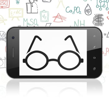 Science concept: Smartphone with  black Glasses icon on display,  Hand Drawn Science Icons background, 3D rendering