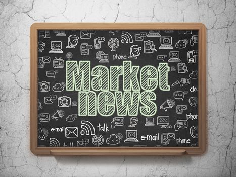 News concept: Chalk Green text Market News on School board background with  Hand Drawn News Icons, 3D Rendering