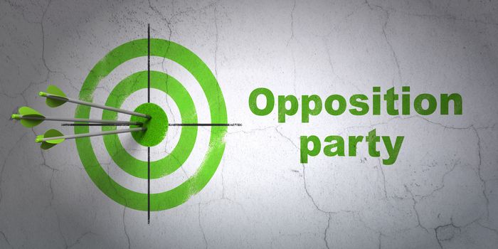 Success political concept: arrows hitting the center of target, Green Opposition Party on wall background, 3D rendering