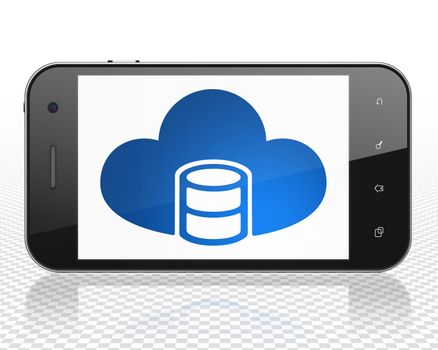 Programming concept: Smartphone with blue Database With Cloud icon on display, 3D rendering