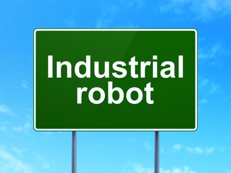 Manufacuring concept: Industrial Robot on green road highway sign, clear blue sky background, 3D rendering