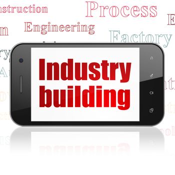 Industry concept: Smartphone with  red text Industry Building on display,  Tag Cloud background, 3D rendering