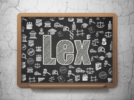 Law concept: Chalk White text Lex on School board background with  Hand Drawn Law Icons, 3D Rendering