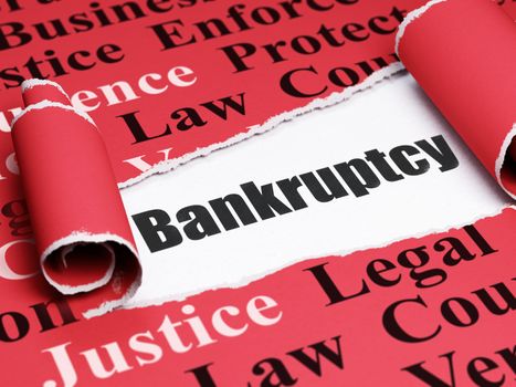 Law concept: black text Bankruptcy under the curled piece of Red torn paper with  Tag Cloud, 3D rendering