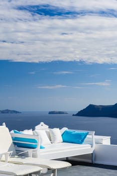 View of Firostefani luxury decks and patios, Santorini Greece. Copyspace