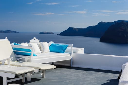 View of Firostefani luxury decks and patios, Santorini Greece. Copyspace