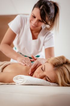 Young beautiful massage therapist giving a relax massage to a female client.