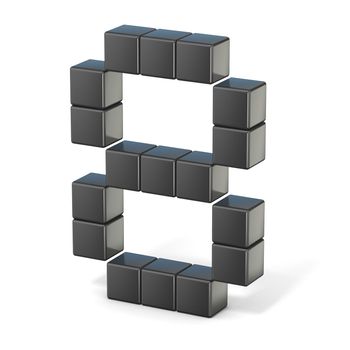 8 bit font. Number 8. 3D render illustration isolated on white background