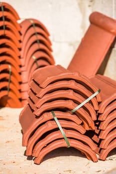 closeup on a tile stack used for the cover of a roof