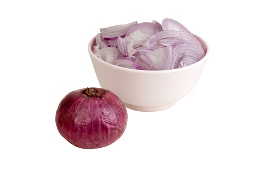 Sliced shallot onion in a pink bowl on white background object with work paths