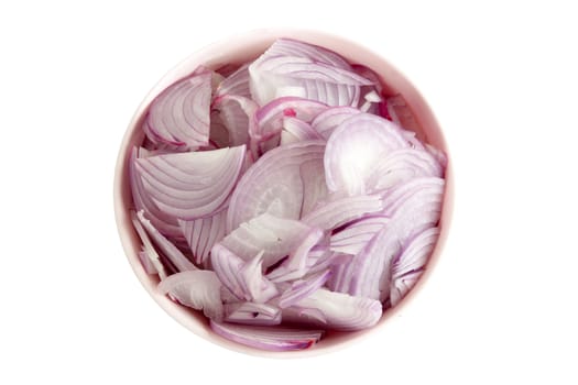 Sliced shallot onion in a pink bowl on white background object with work paths