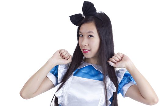 Young girl in the image of Alice on a white background