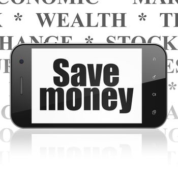 Money concept: Smartphone with  black text Save Money on display,  Tag Cloud background, 3D rendering