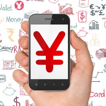 Banking concept: Hand Holding Smartphone with  red Yen icon on display,  Hand Drawn Finance Icons background, 3D rendering