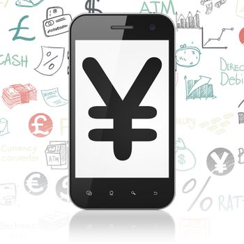 Currency concept: Smartphone with  black Yen icon on display,  Hand Drawn Finance Icons background, 3D rendering