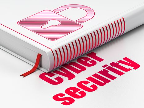 Protection concept: closed book with Red Closed Padlock icon and text Cyber Security on floor, white background, 3D rendering