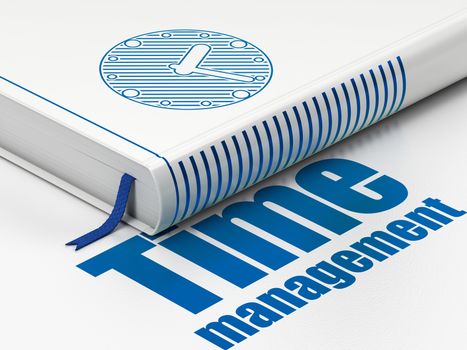 Time concept: closed book with Blue Clock icon and text Time Management on floor, white background, 3D rendering