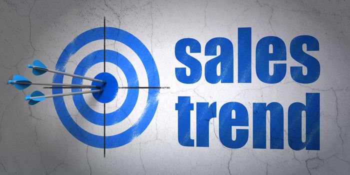 Success marketing concept: arrows hitting the center of target, Blue Sales Trend on wall background, 3D rendering