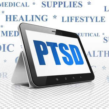 Health concept: Tablet Computer with  blue text PTSD on display,  Tag Cloud background, 3D rendering
