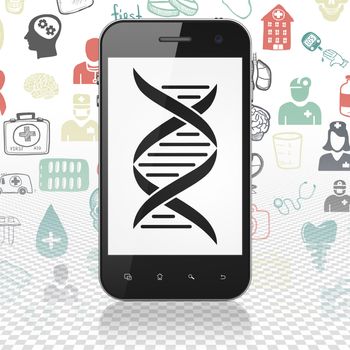 Health concept: Smartphone with  black DNA icon on display,  Hand Drawn Medicine Icons background, 3D rendering