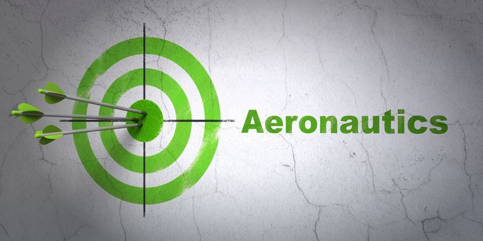 Success Science concept: arrows hitting the center of target, Green Aeronautics on wall background, 3D rendering