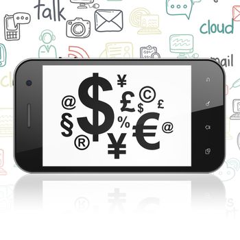 News concept: Smartphone with  black Finance Symbol icon on display,  Hand Drawn News Icons background, 3D rendering