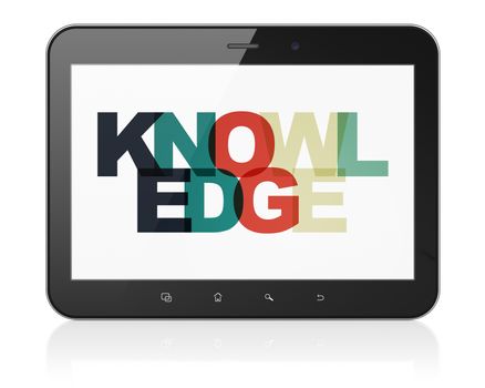 Learning concept: Tablet Computer with Painted multicolor text Knowledge on display, 3D rendering