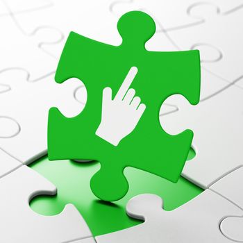 Social network concept: Mouse Cursor on Green puzzle pieces background, 3D rendering