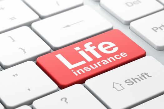 Insurance concept: computer keyboard with word Life Insurance, selected focus on enter button background, 3D rendering