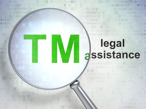 Law concept: magnifying optical glass with Trademark icon and Legal Assistance word on digital background, 3D rendering