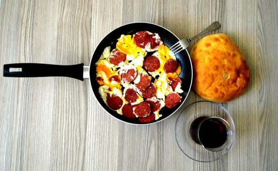 Breakfast pictures of sausage egg in frying pan