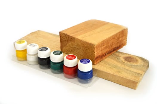 Wood fragments and multi-colored toxic-free wood paints