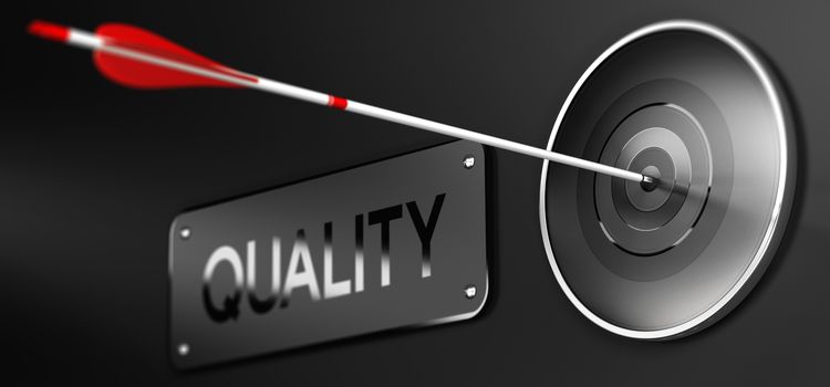 3D illustration of one arrow reaching the center of a modern target with the text quality written on a sign on the left side, horizontal image over black background. Concept of excellence.