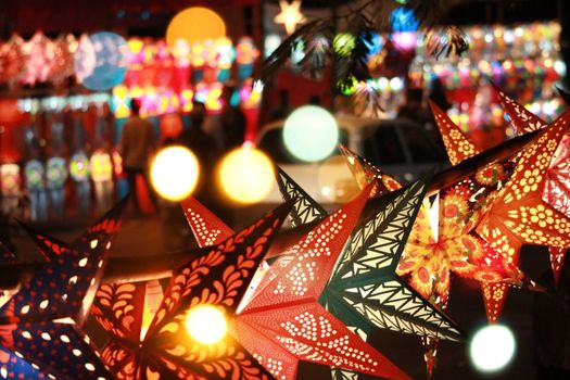 An abstract view of the Diwali street in Pune, India which is full of beautiful traditional lantern shops for the festival.