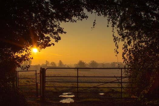 Sunrise over the British Countryside with a farm gate in Wiltshire