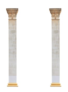 two white columns in the classical architectural style isolated on white background.