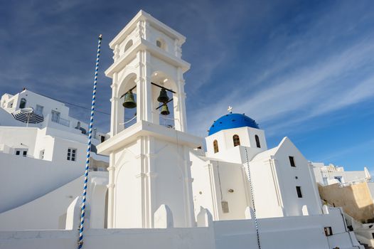 Blue and white orthodox church bell tower. Firostefani, Santorini Greece. Copyspace