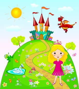 Little princess goes on a footpath. Landscape with the castle, trees and flowers. Fairy dragon, swan and frog.                                                                                                                                                 