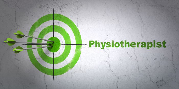 Success Medicine concept: arrows hitting the center of target, Green Physiotherapist on wall background, 3D rendering