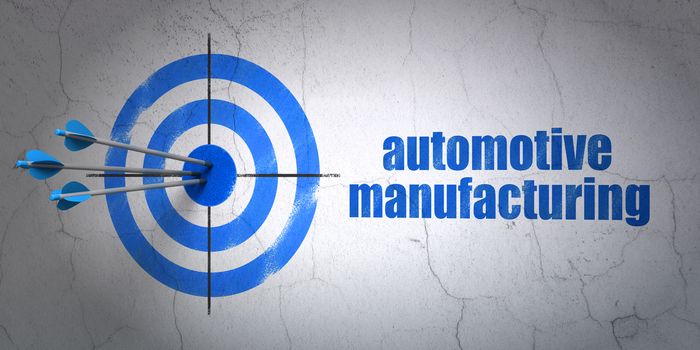 Success Industry concept: arrows hitting the center of target, Blue Automotive Manufacturing on wall background, 3D rendering