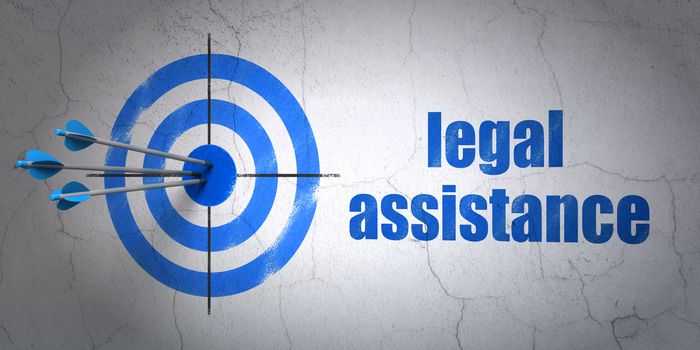 Success law concept: arrows hitting the center of target, Blue Legal Assistance on wall background, 3D rendering