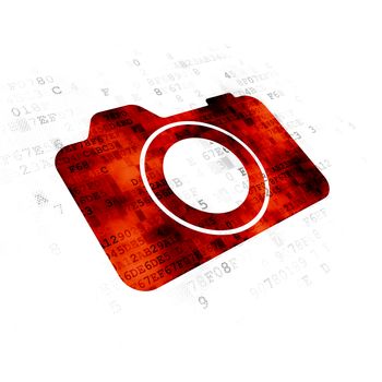 Tourism concept: Pixelated red Photo Camera icon on Digital background