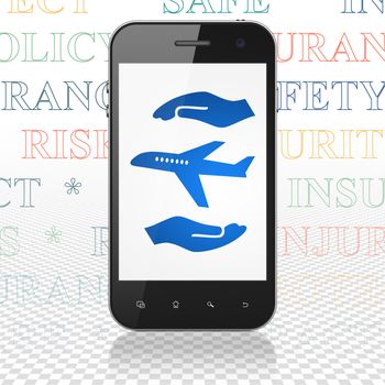 Insurance concept: Smartphone with  blue Airplane And Palm icon on display,  Tag Cloud background, 3D rendering