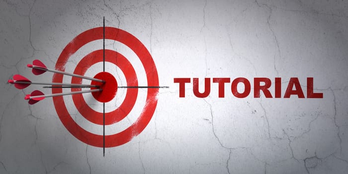 Success Studying concept: arrows hitting the center of target, Red Tutorial on wall background, 3D rendering