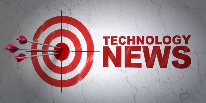 Success news concept: arrows hitting the center of target, Red Technology News on wall background, 3D rendering